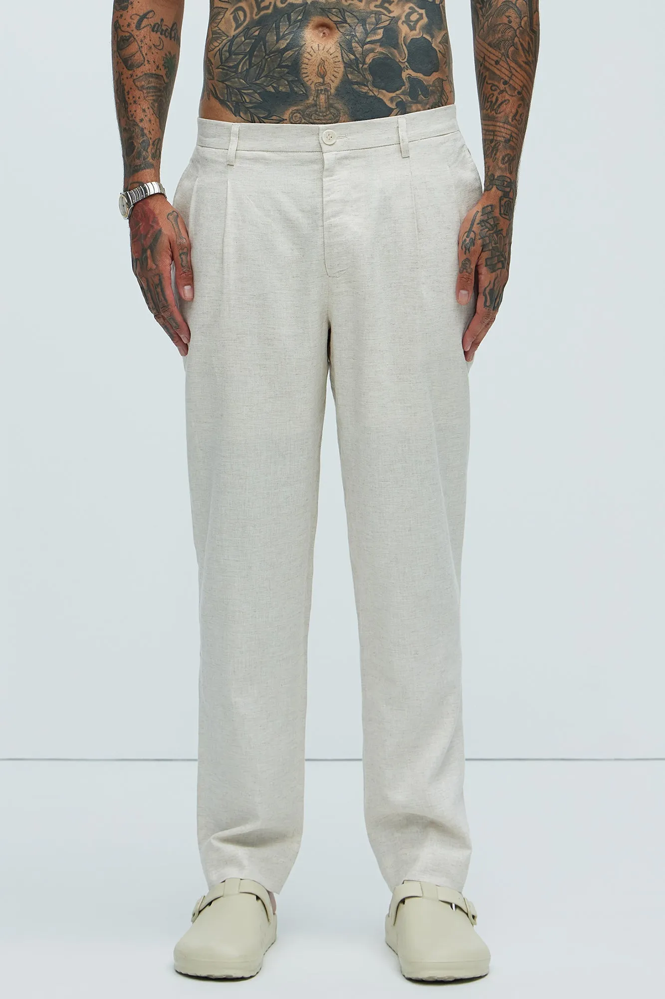 Bahamas Straight Pleated Linen Trousers - Oatmeal