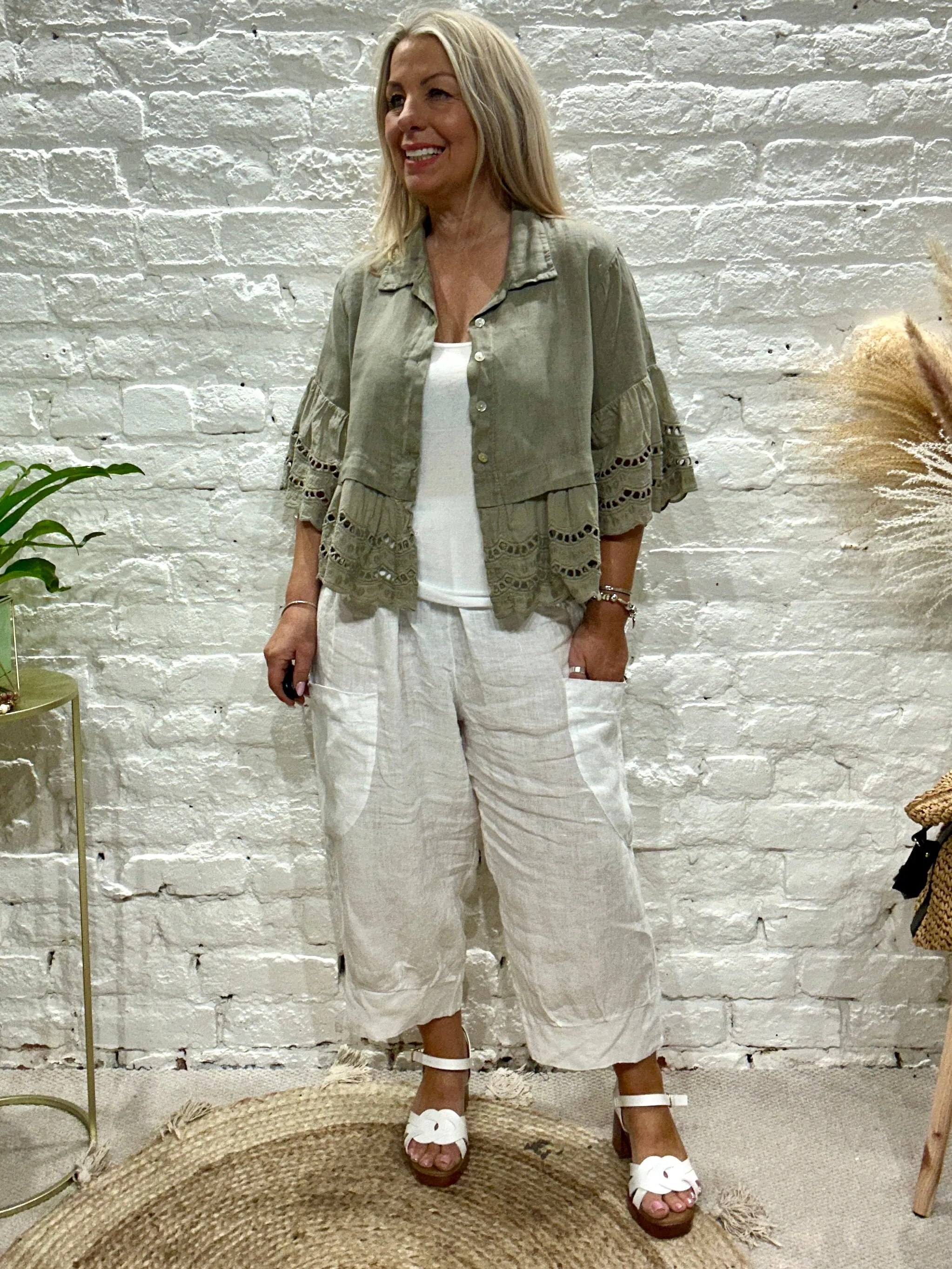 Eden Pure Linen E16 Pretty Frill Button Through Top or Shacket