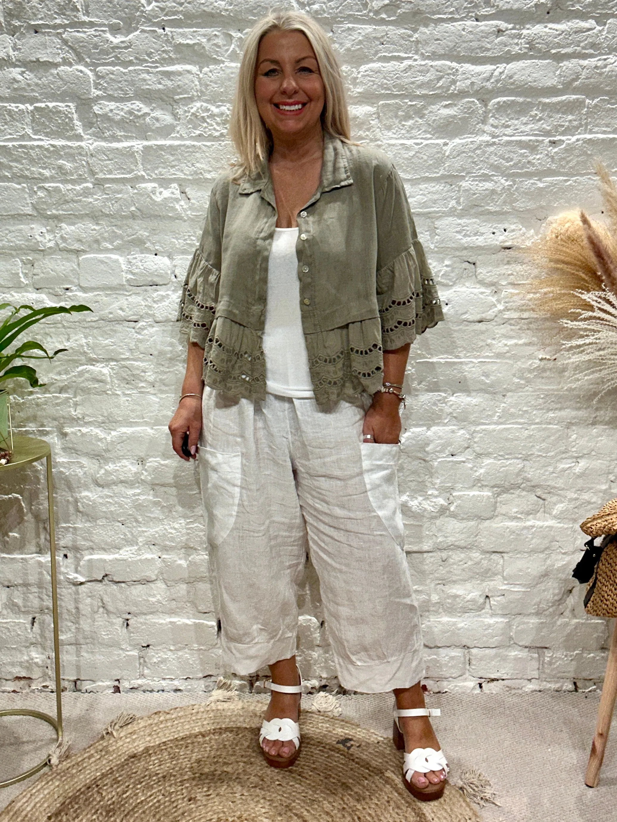 Eden Pure Linen E16 Pretty Frill Button Through Top or Shacket