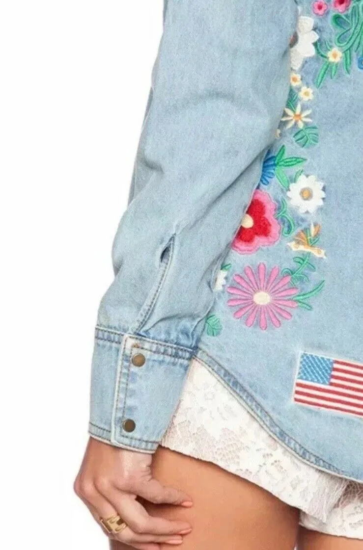 Embroidered Denim Shirt "Love Child" Ladies Bohemian Button Up Long Sleeve Blouse "Wanderlust" Embroidery On Back Sizes Small Medium Or Large