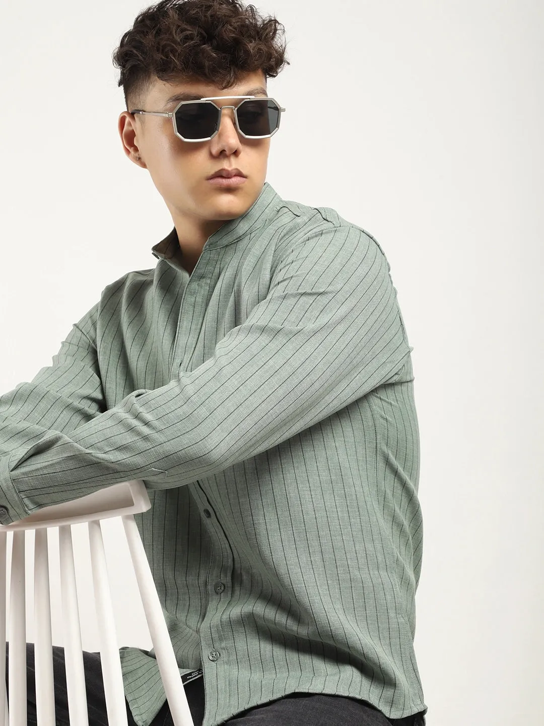 Fabric Linen Sea Green Stitch Full Sleeve Shirt