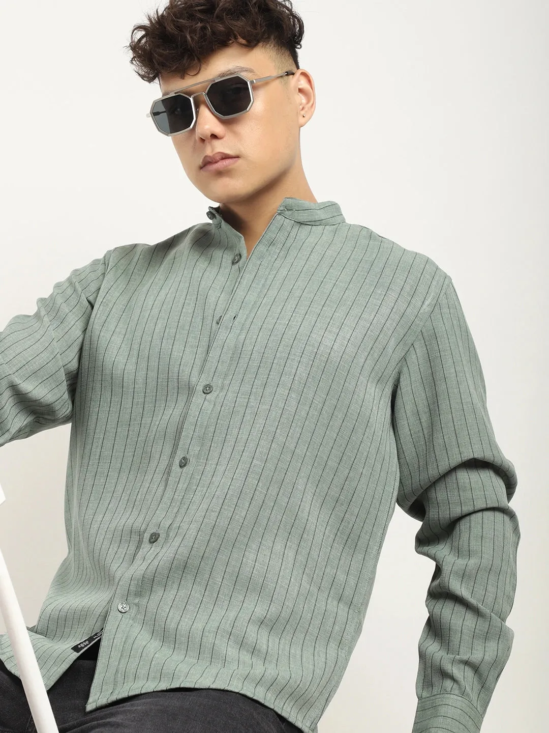 Fabric Linen Sea Green Stitch Full Sleeve Shirt