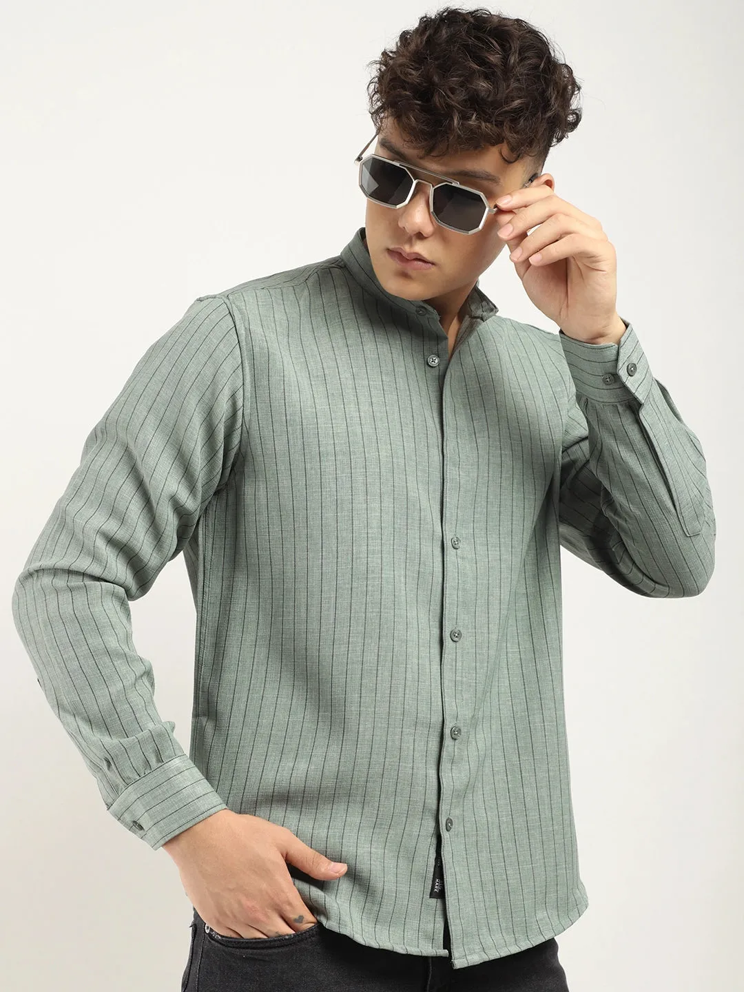 Fabric Linen Sea Green Stitch Full Sleeve Shirt