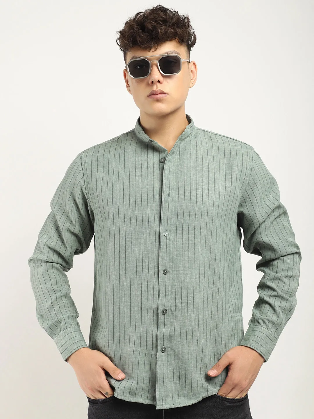 Fabric Linen Sea Green Stitch Full Sleeve Shirt