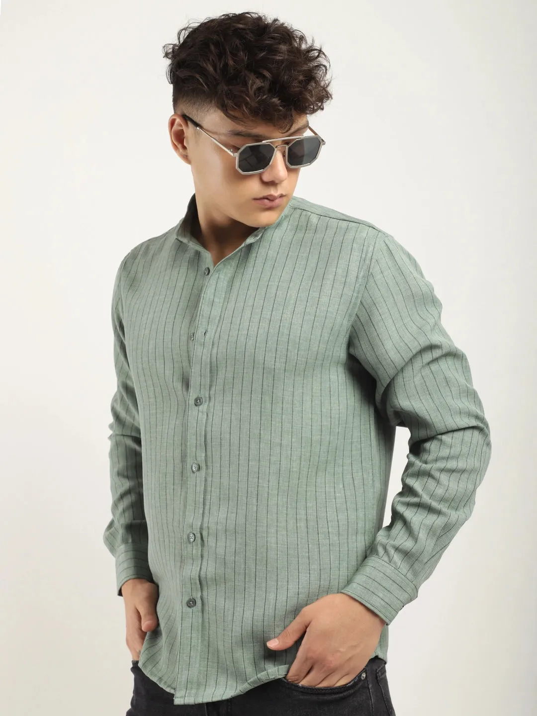 Fabric Linen Sea Green Stitch Full Sleeve Shirt