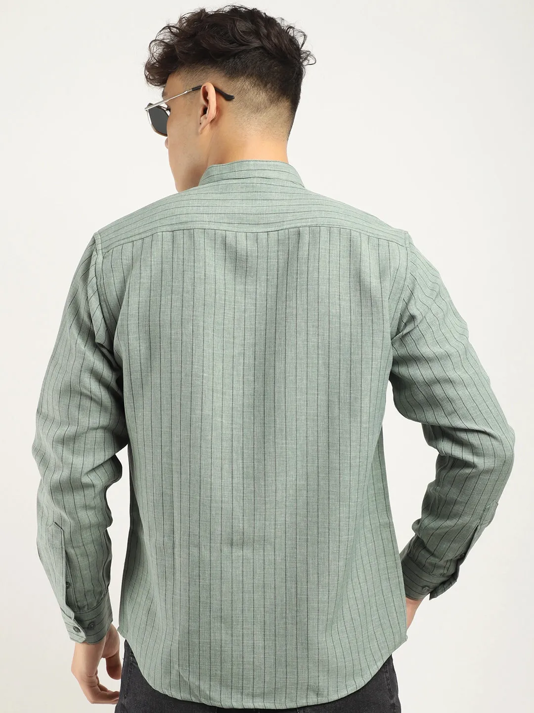 Fabric Linen Sea Green Stitch Full Sleeve Shirt