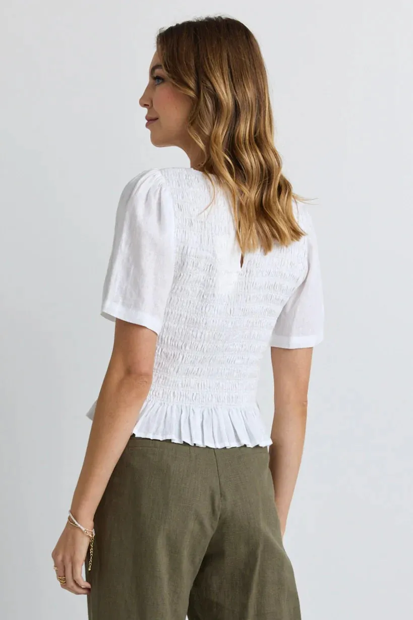 Mellow White Linen V Neck SS Shirred Top