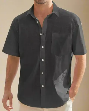 Men Short Sleeve Black Cotton and Linen Blend Shirt