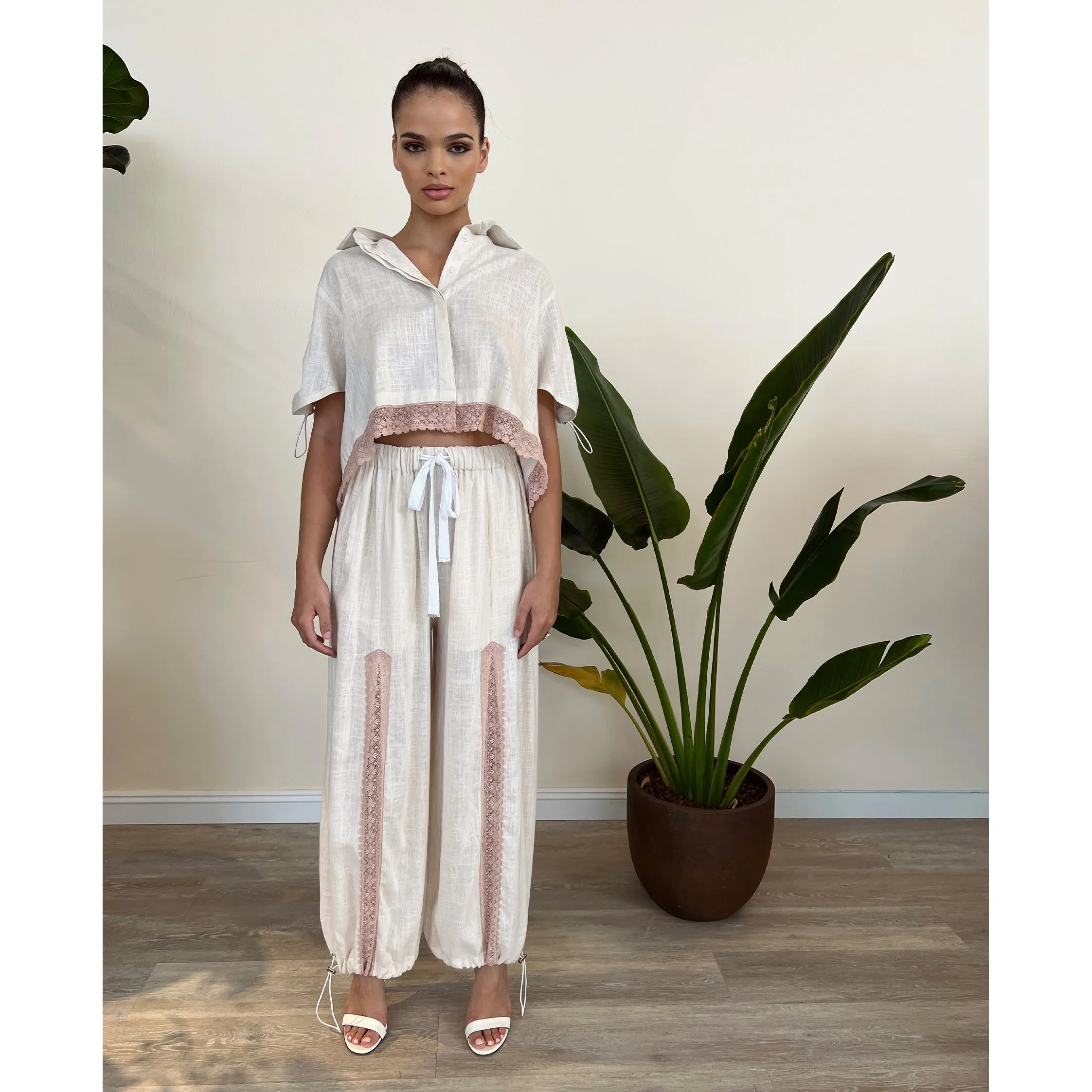 Off White Linen and Nude Lace  Shirt