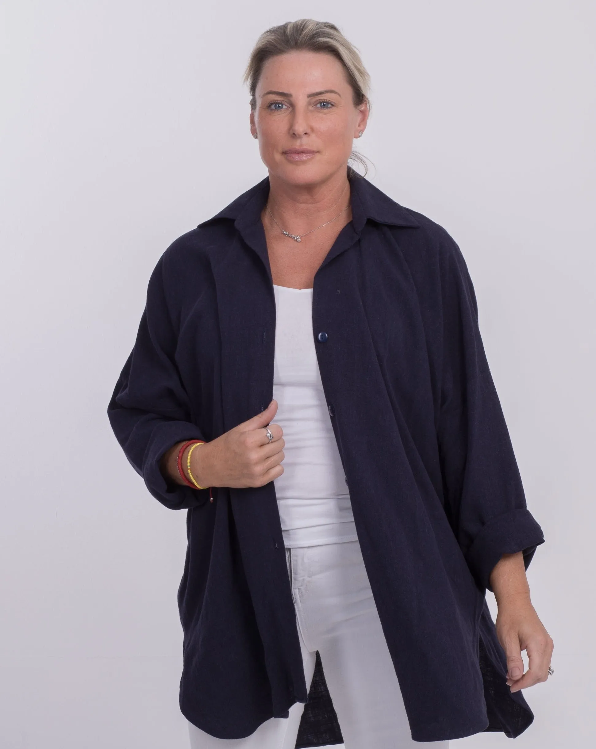 THE SOHO OVERSIZED SHIRT IN NAVY LINEN BLEND