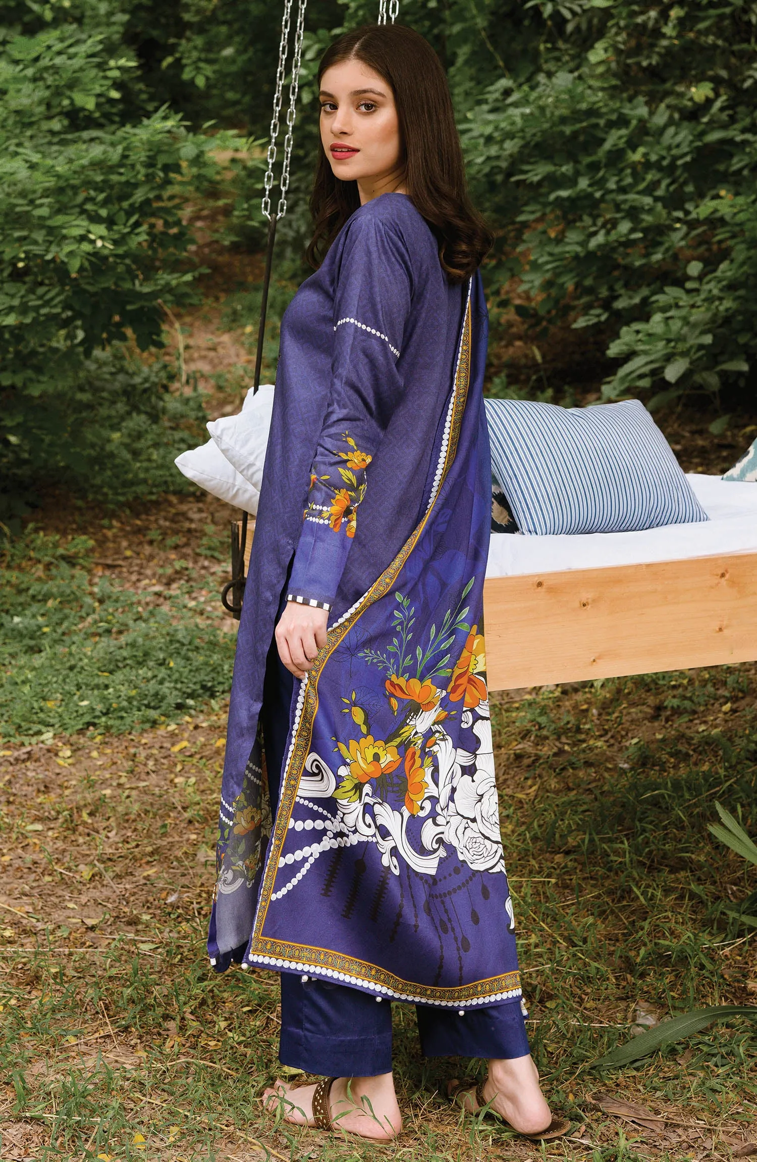 Unstitched 3 Piece Embroidered Cotton Linen Suit (OTL-20-215/B (BLUE))