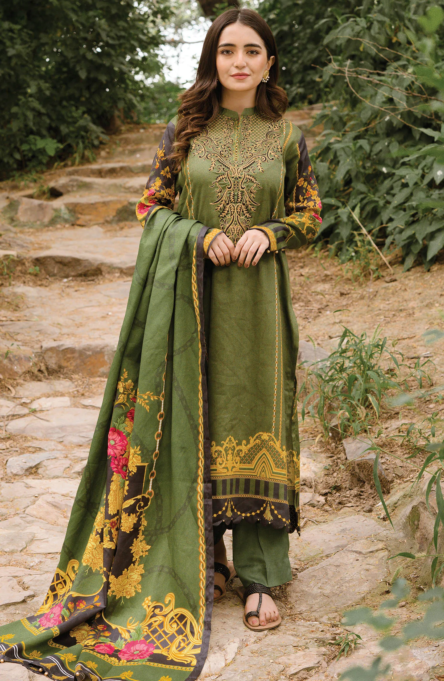 Unstitched 3 Piece Embroidered Cotton Linen Suit (OTL-20-216/ (GREEN))