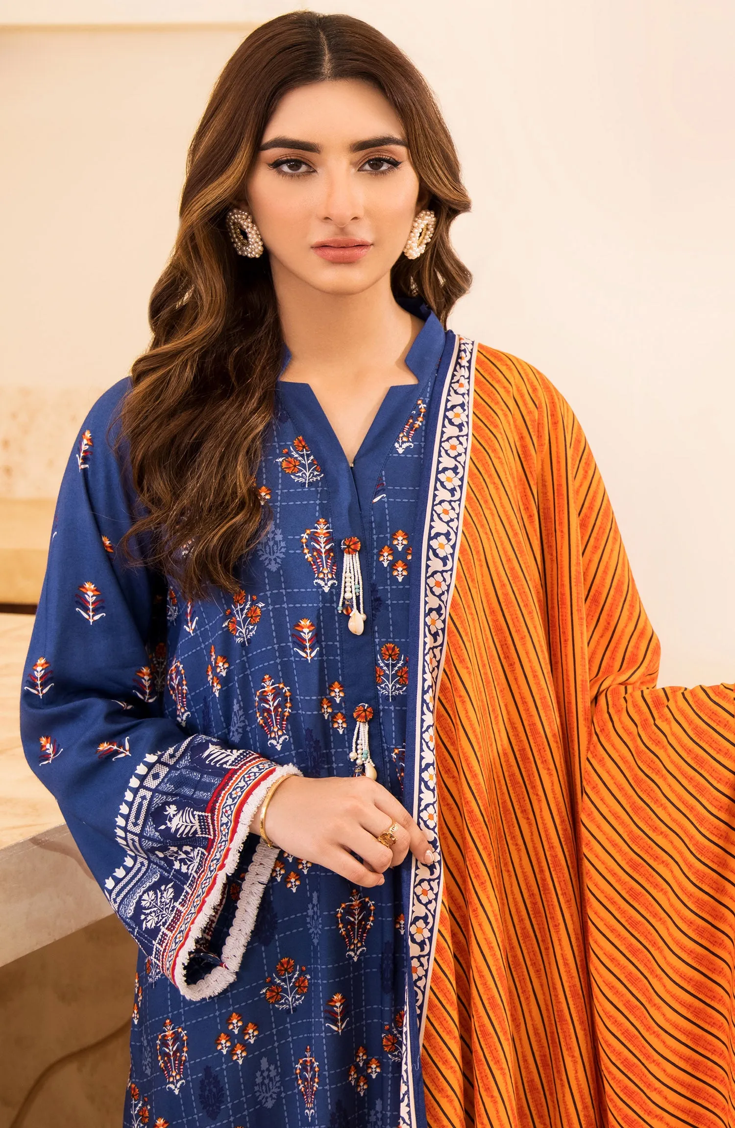 Unstitched 3 Piece Printed Linen Shirt , Pant and Linen Shawl Dupatta (OTL-21-317/U BLUE)