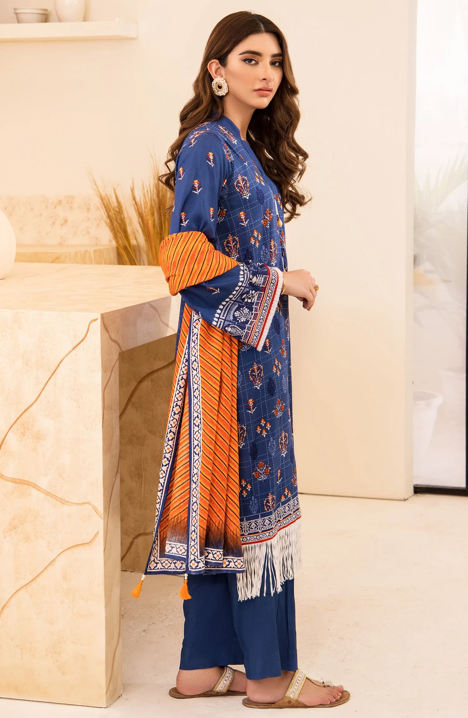 Unstitched 3 Piece Printed Linen Shirt , Pant and Linen Shawl Dupatta (OTL-21-317/U BLUE)