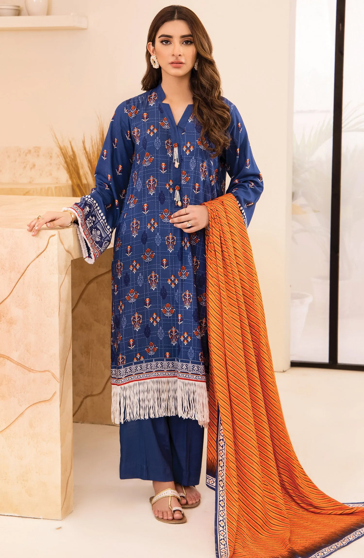 Unstitched 3 Piece Printed Linen Shirt , Pant and Linen Shawl Dupatta (OTL-21-317/U BLUE)