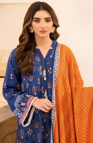 Unstitched 3 Piece Printed Linen Shirt , Pant and Linen Shawl Dupatta (OTL-21-317/U BLUE)