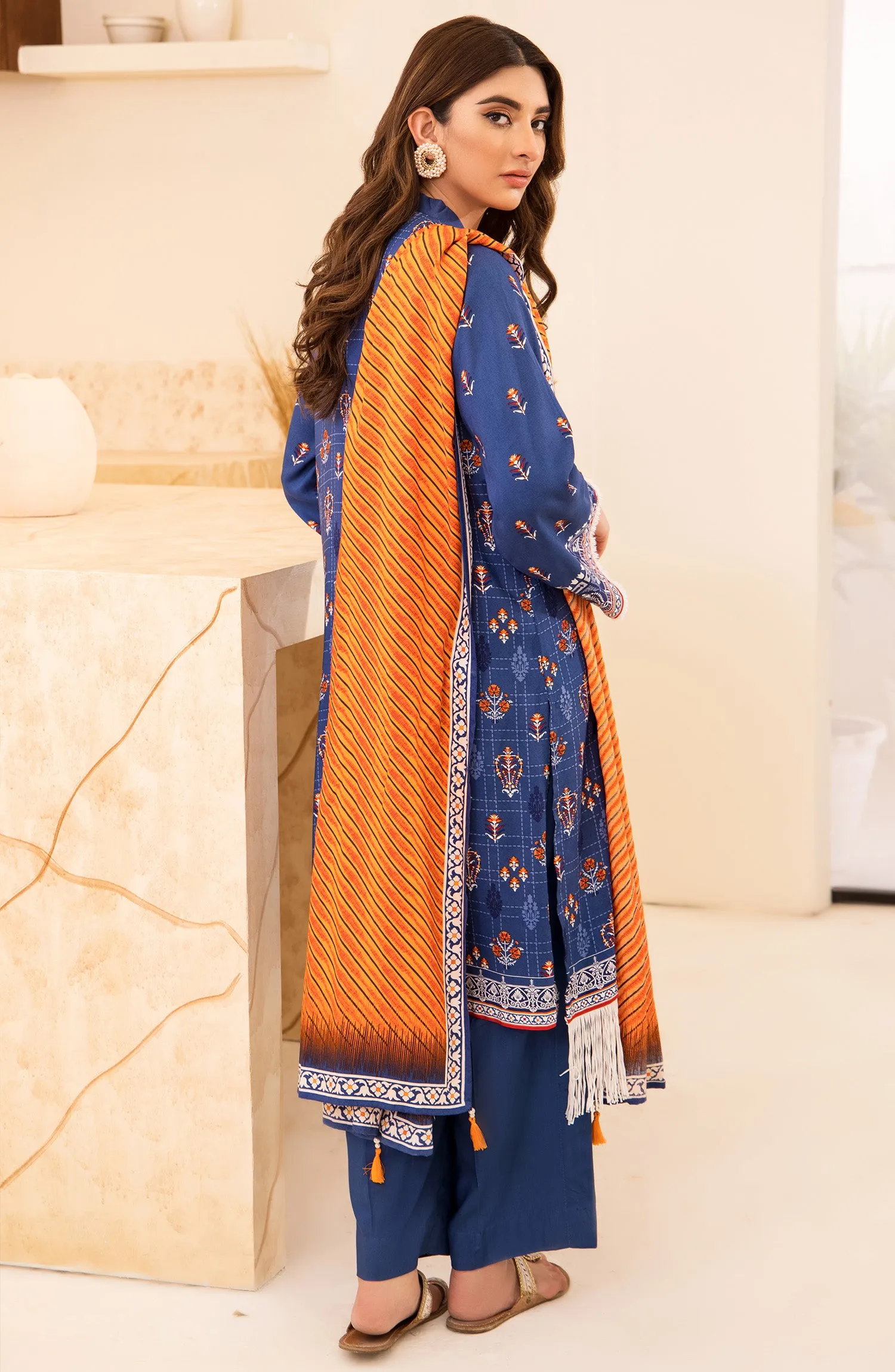 Unstitched 3 Piece Printed Linen Shirt , Pant and Linen Shawl Dupatta (OTL-21-317/U BLUE)